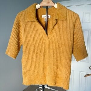 Bailey/44 | Mustard Gold Fuzzy Ribbed Collared Short Sleeve Sweater Top Hipster